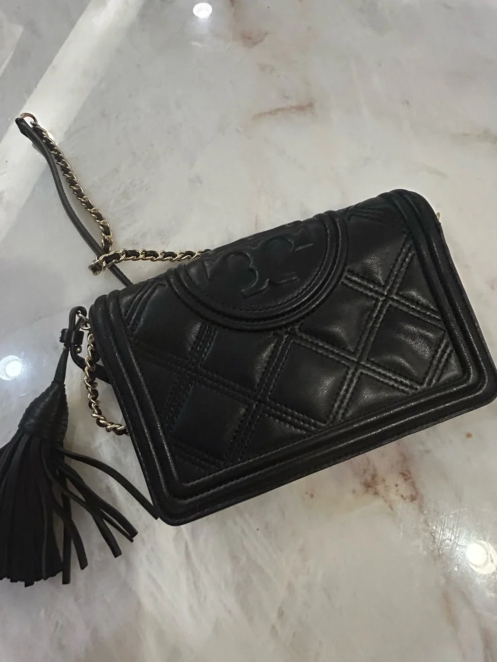 Tory Burch Fleming soft wallet Black Quilted Leather Crossbody with Tassel
